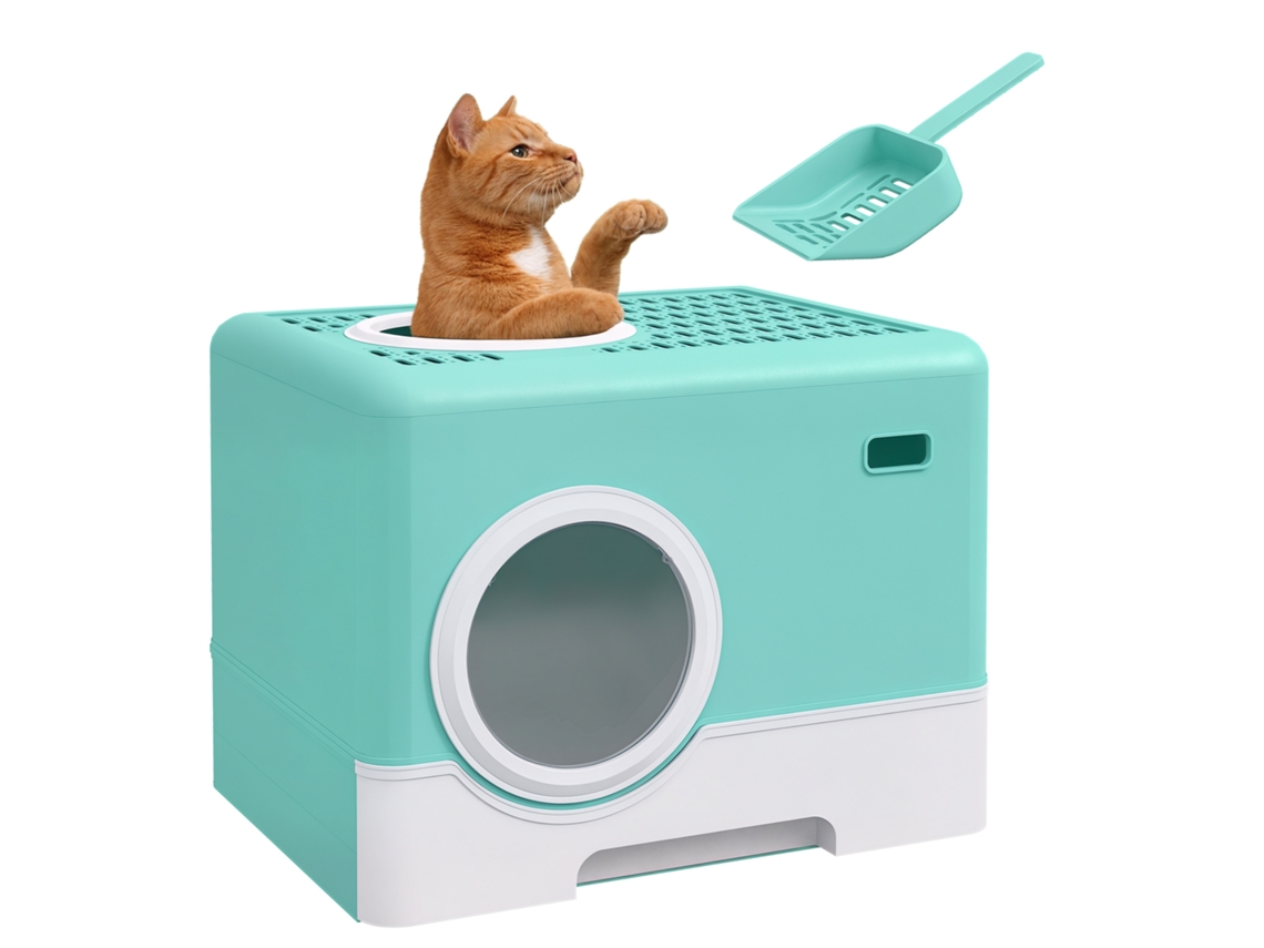Caixa de Areia Cat com Tampa e Pá, Caixa de Areia Fechada com Entrada Frontal e Superior, Bandeja Retrátil 52x41x38,5 Cm, Verde Ge