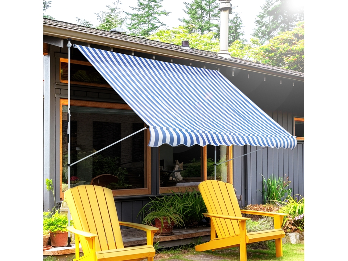 Toldo Com Manivela, C300 X L150 X A170-280 Cm, Altura Ajustável, Resistente À Sujeira, Fácil Montagem, Alumínio, Poliéster, Azul/branco