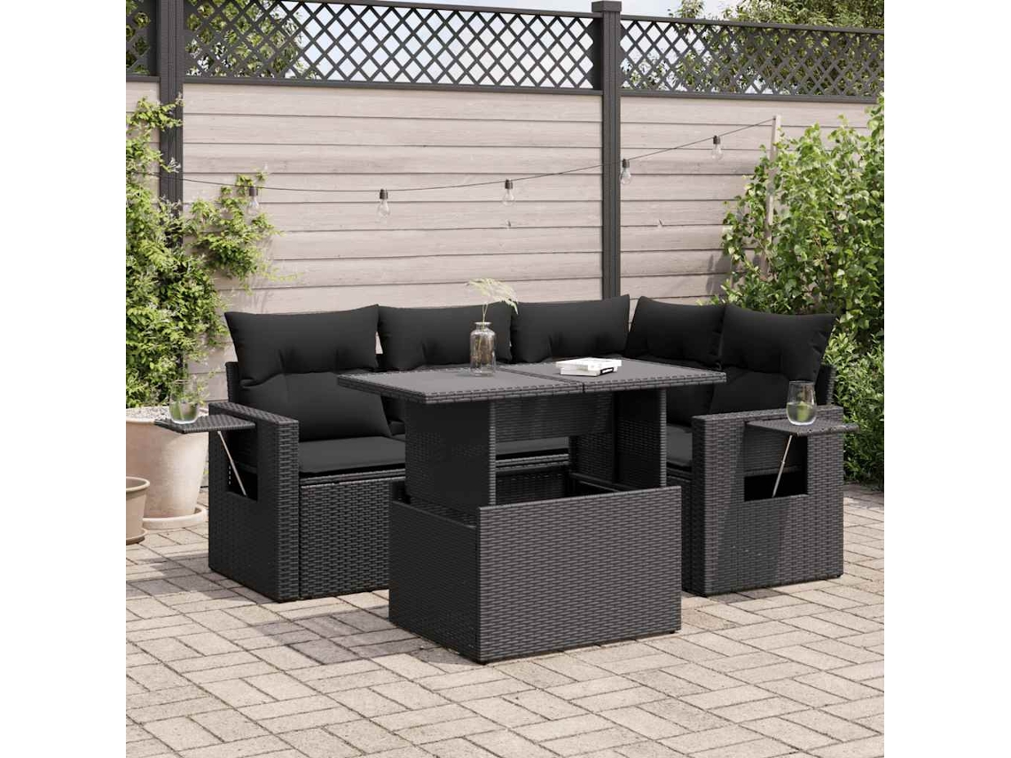 Vidaxl 5 Pcs Conjunto Sofás De Jardim Com Almofadões Vime Pe Preto