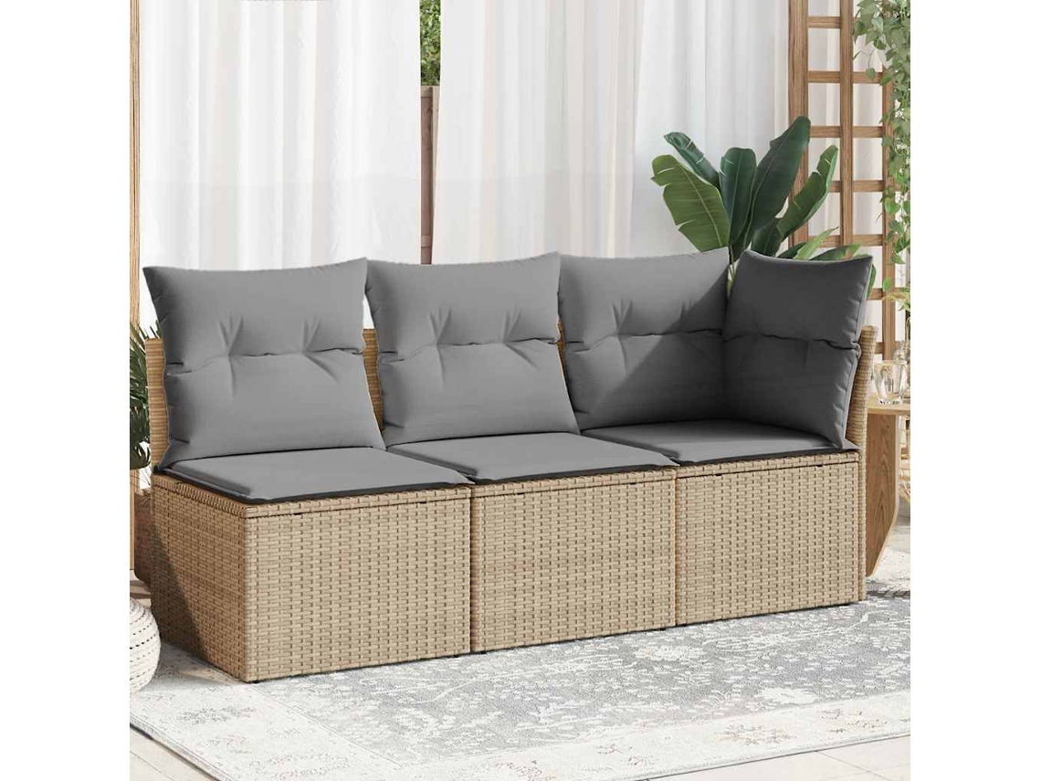 Vidaxl Sofá De Jardim De 3 Lugares Com Almofadões Vime Pe Bege