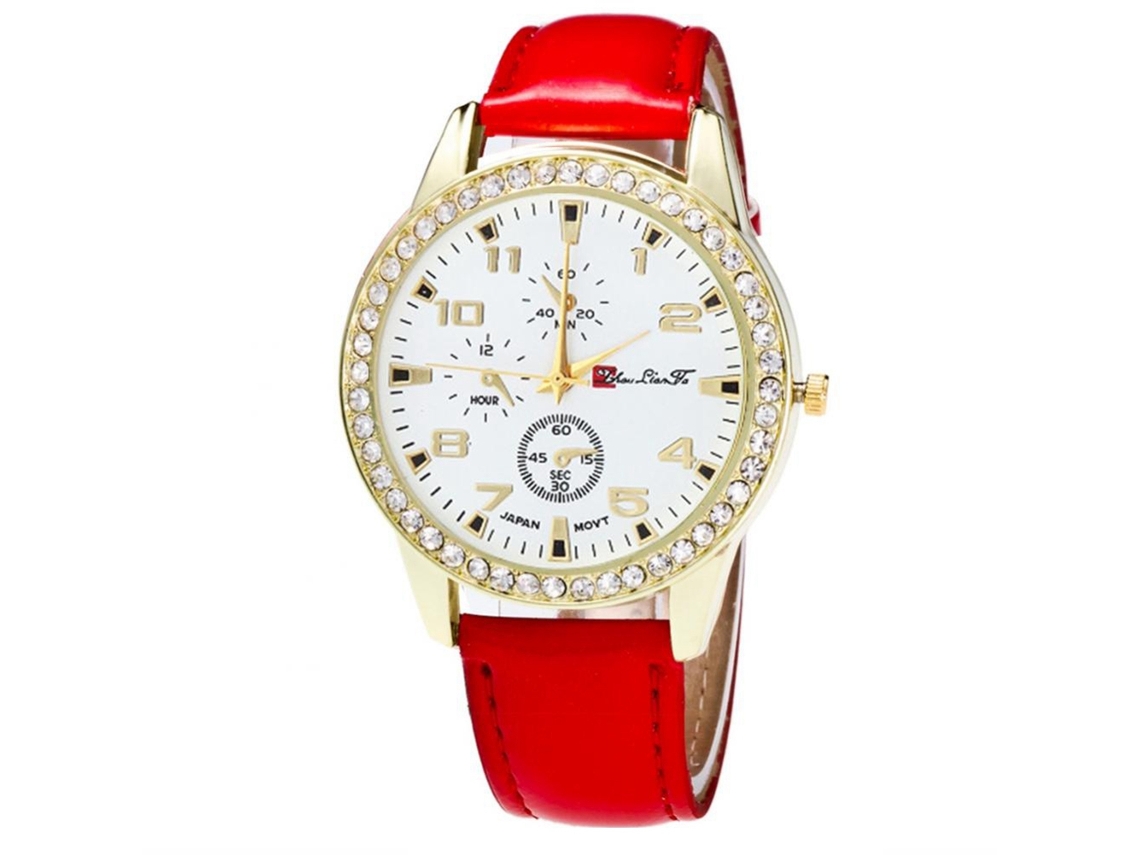 Relógio de casal Zhoulianfa Quartz com pulseira de couro PU e strass (vermelho)