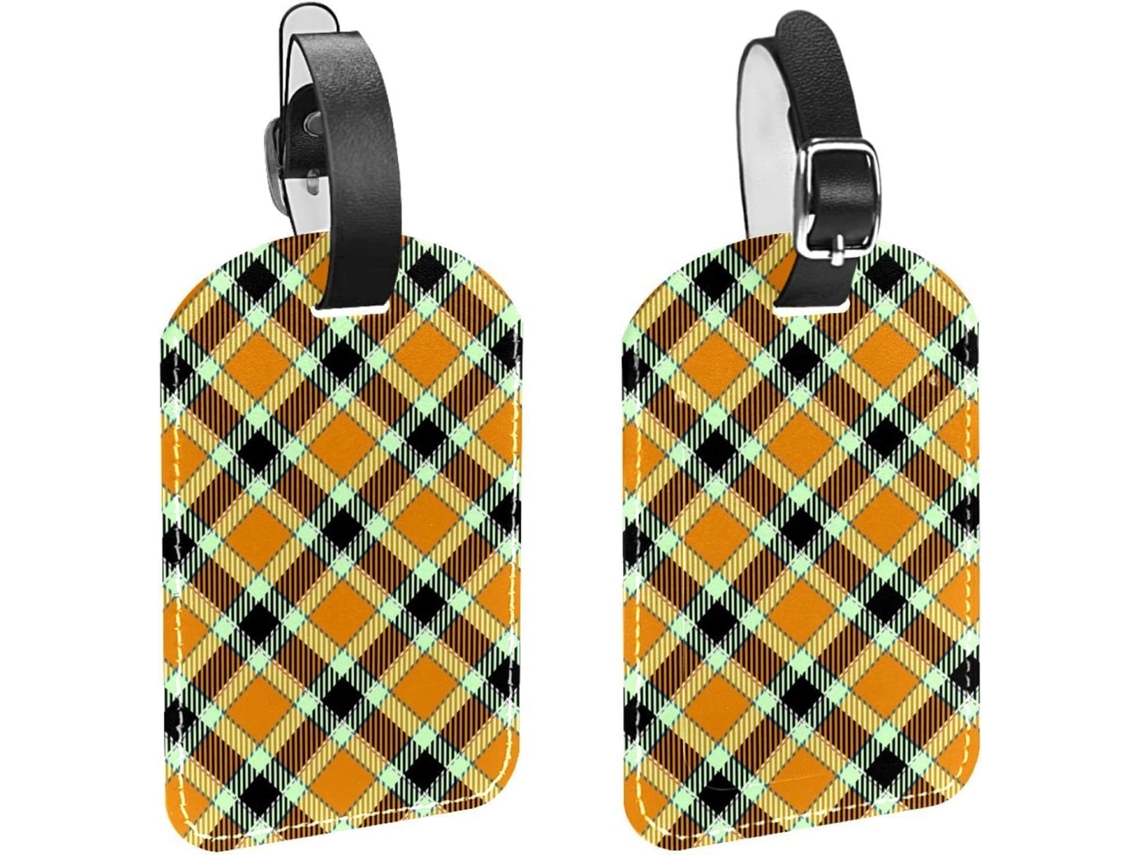 Conjunto De 2 Etiquetas Bagagem Em Imitação Couro Amarelo Com Estampa Xadrez