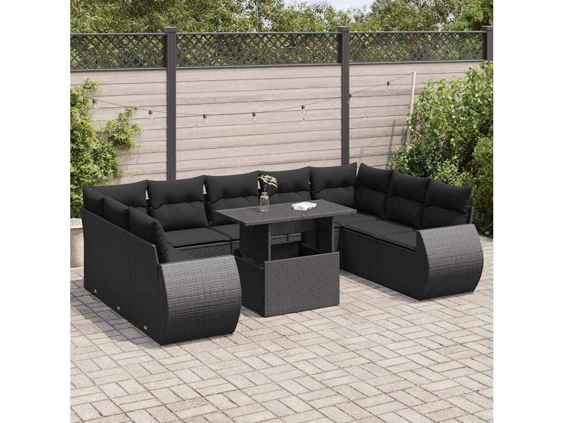 Vidaxl 10 Pcs Conjunto Sofás de Jardim C/ Almofadões Vime Pe Preto