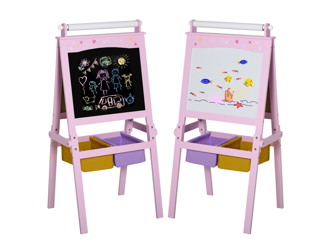 Cavalete Infantil 3 em 1 Quadro negro Dupla Face Quadro Branco Rolo de Papel com Acessórios + Cestos de Armazenamento Integrados Mdf Rosa CHEZMOI