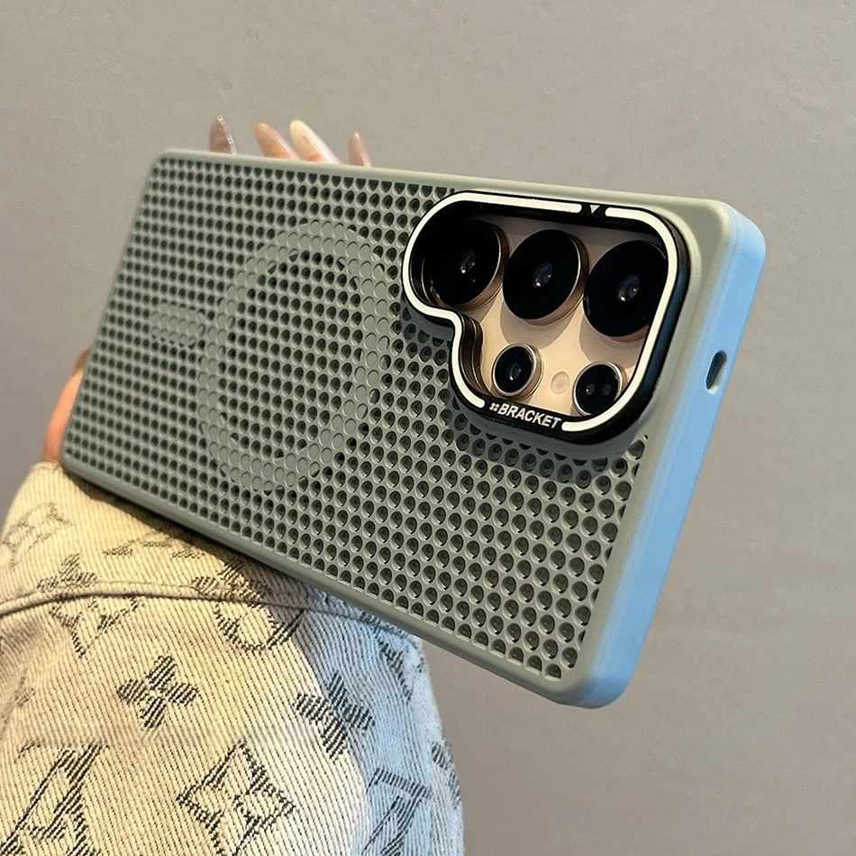 Capa Protetora Com Dissipação De Calor (galaxy S25 Plus Azul Claro), Suporte Para Lente Dourado, Carregamento Sem Fio.