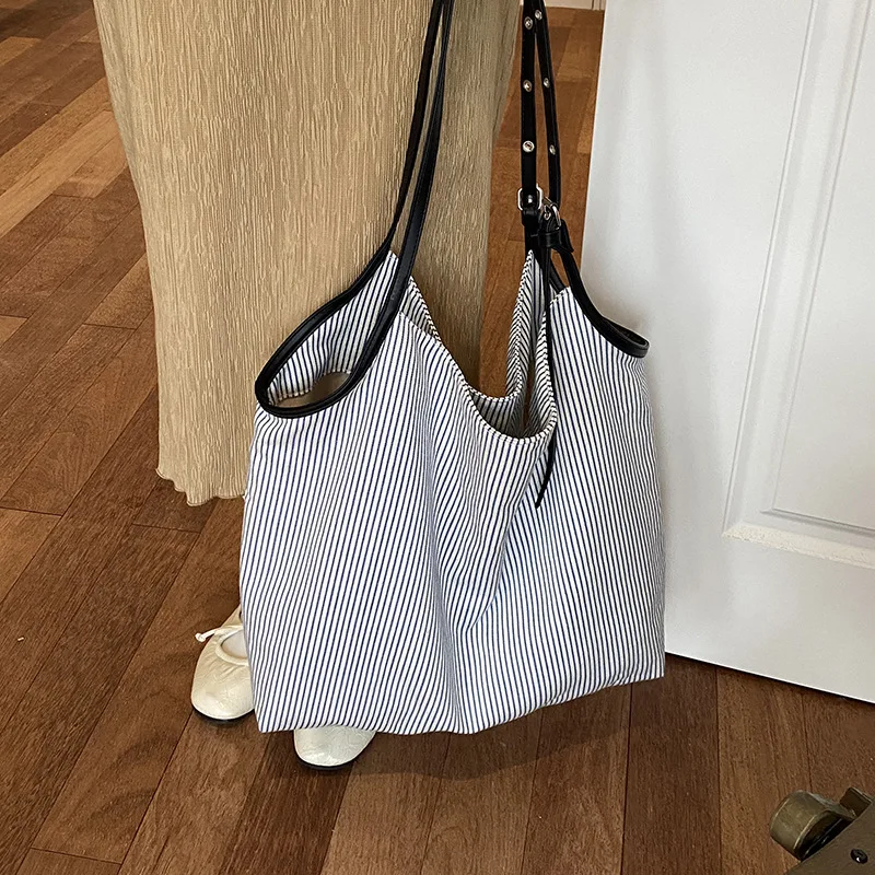 Bolsa Feminina Listrada Casual (azul), Bolsa De Ombro Leve Para Estudantes, Bolsa Grande De Lona Casual.