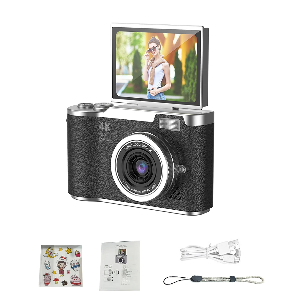 Câmera Digital 4k 48mp Câmera Infantil Foco Automático Tela de 2,4 Polegadas Giratória em 180° MDUG (preta Sem Cartão de Memória)