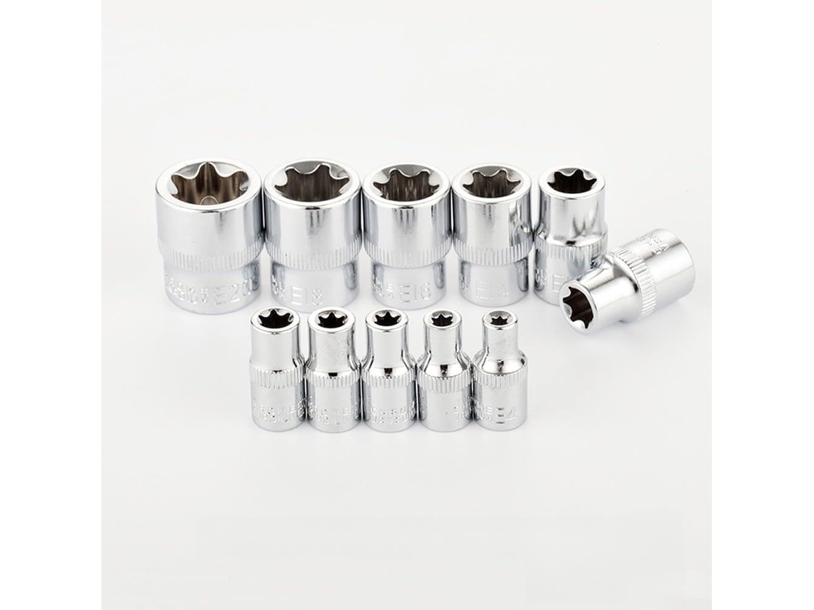 Conjunto De 11 Chaves Torx Externas Com Encaixes De 1/4" E 3/8" Para Parafusos Torx E4 A E20