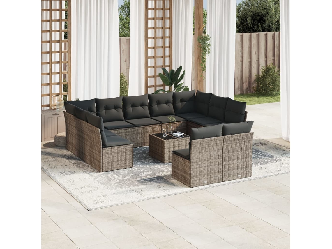 Vidaxl 12 Pcs Conjunto De Sofás Jardim C/ Almofadões Vime Pe Cinzento