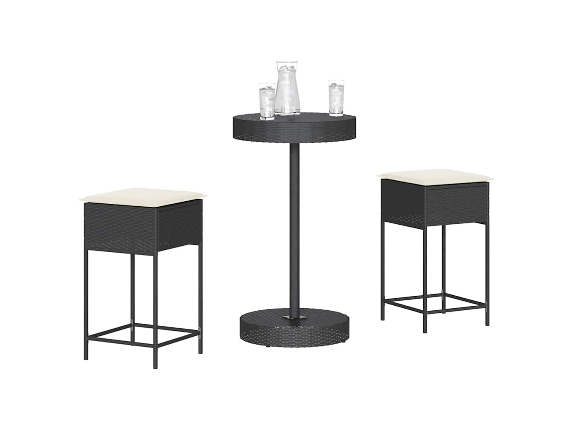 Vidaxl 3 Pcs Conjunto De Bar Para Jardim C/ Almofadões Vime Pe Preto