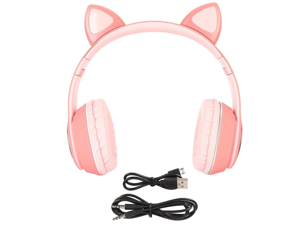 Fone de Ouvido Gamer com Orelhas de Gato, Bluetooth, Suporte para Cartão de Memória Pequeno, Modo Linein, Microfone com Led, Rosa, Yemma TAISHENGDA