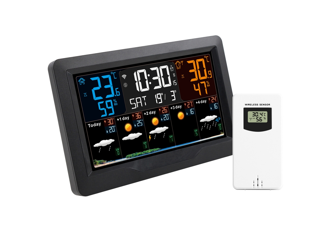 Estação Meteorológica Inteligente Wifi Fj3390ty a com Tela Colorida Grande, Sensor Externo e Relógio, Medidor de Temperatura e Umidade