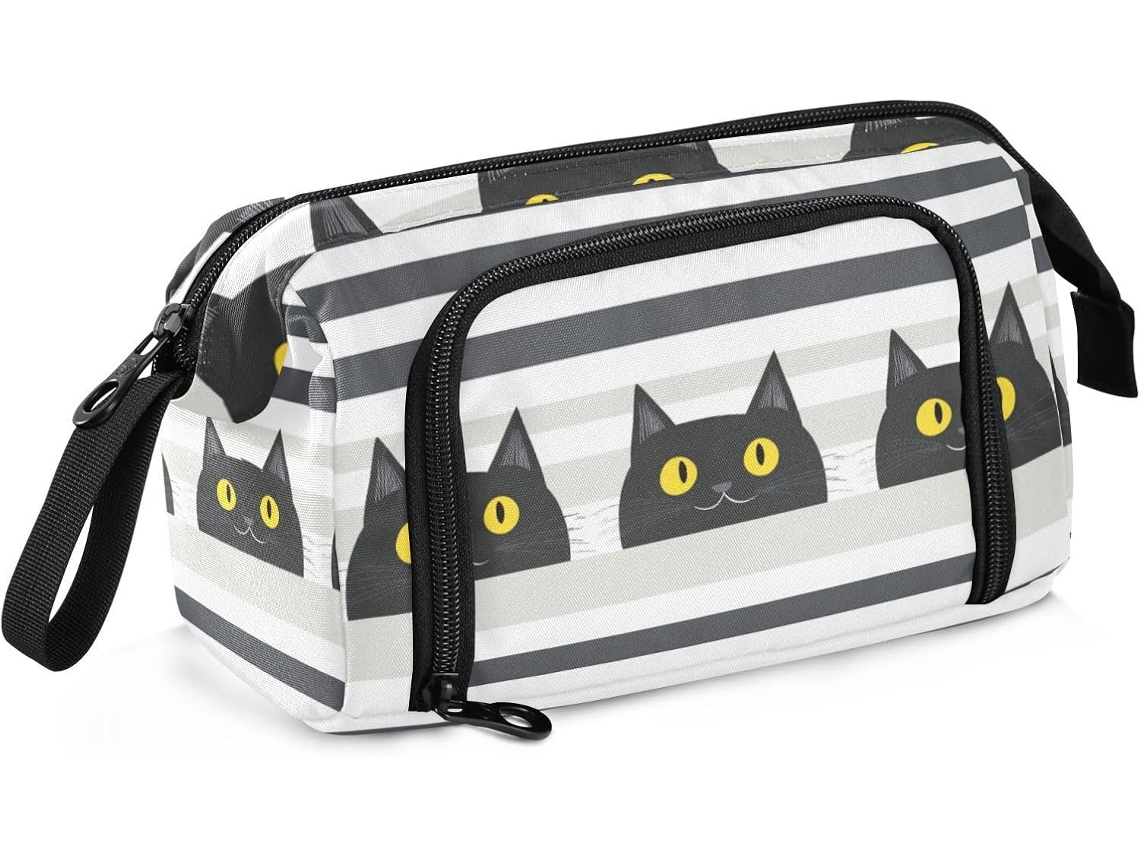 Estojo Grande com Zíper e Compartimento para Lápis, Ideal Meninas, Estampa de Gato Preto. 24 X 9,5 15 Cm