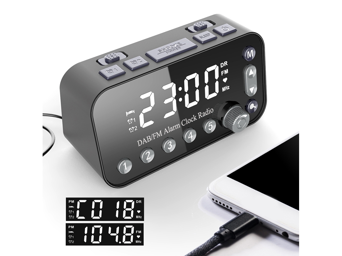 Rádio Despertador Digital 3,5 Polegadas Led Grande Display Operado Por Bateria Volume Ajustável Rádio Relógio Fm/dab Com Duas Portas Usb Luz De Fundo