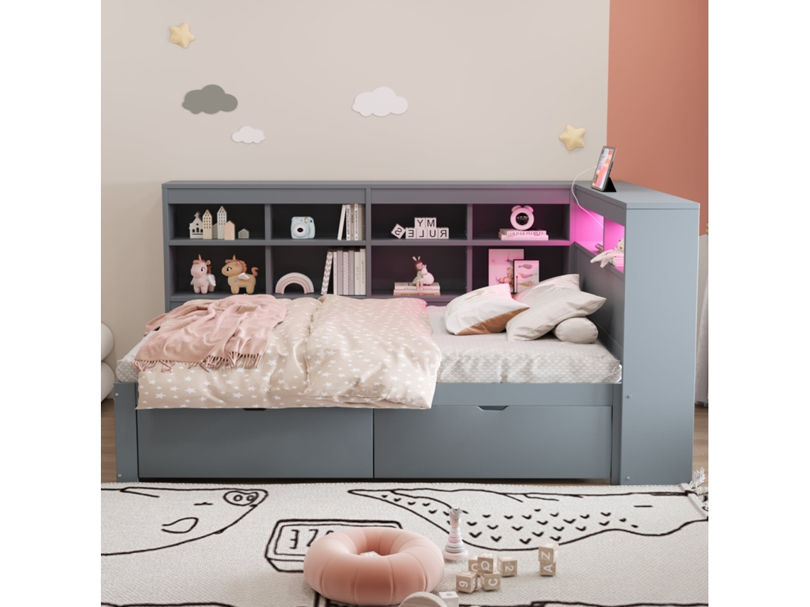 Sofá cama 90x200cm em madeira maciça, com gavetas, Usb, tomada, led, resistente 120kg, cinza KOMHTOM