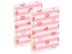 Conjunto de 2 Cadernos Pautados A5 Estampa Coração e Lábios 21,1 X 14,5 Cm Resistentes 60 Folhas para Planej