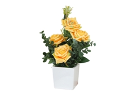 Rosa artificial em vaso de cerâmica, pequeno bonsai, flor simulada em vaso.