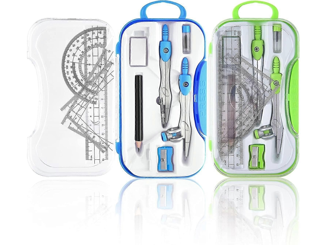 Kit De Desenho Geométrico Com Compasso, Régua E Transferidor, Cores Verde E Azul