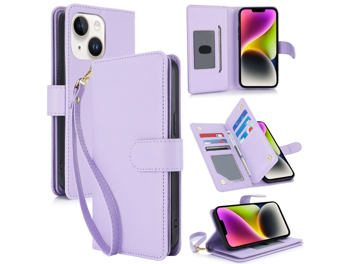 Capa Carteira De Couro Para Iphone 14 Plus - Com Rfid - Para Vários Cartões