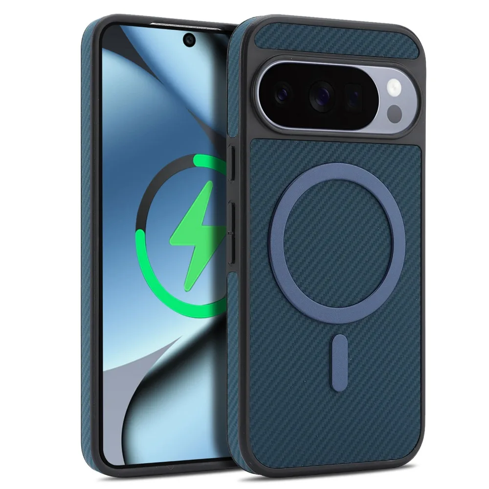 (azul, Google Pixel 10 Pro) Capa Para Celular Em Couro Pu Com Textura De Fibra De Carbono Fosca, Compatível Com Carregamento Sem Fio Magsafe.