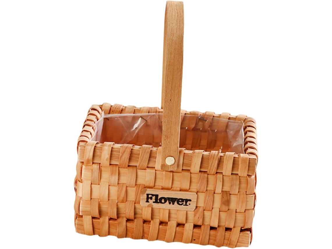 Cesto De Flores Portátil Em Madeira Trançada Marrom Com Alça.