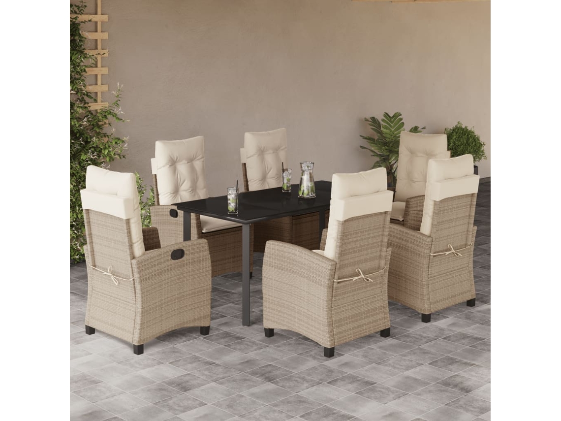 Vidaxl 7 Pcs Conjunto De Jantar P/ Jardim Com Almofadões Vime Pe Bege