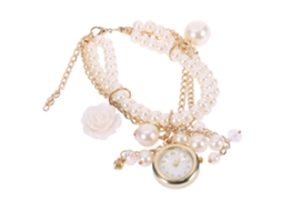 Relógio Pulseira Feminino Pérola Imitada Corrente Rosa Analógico Quartzo Branco
