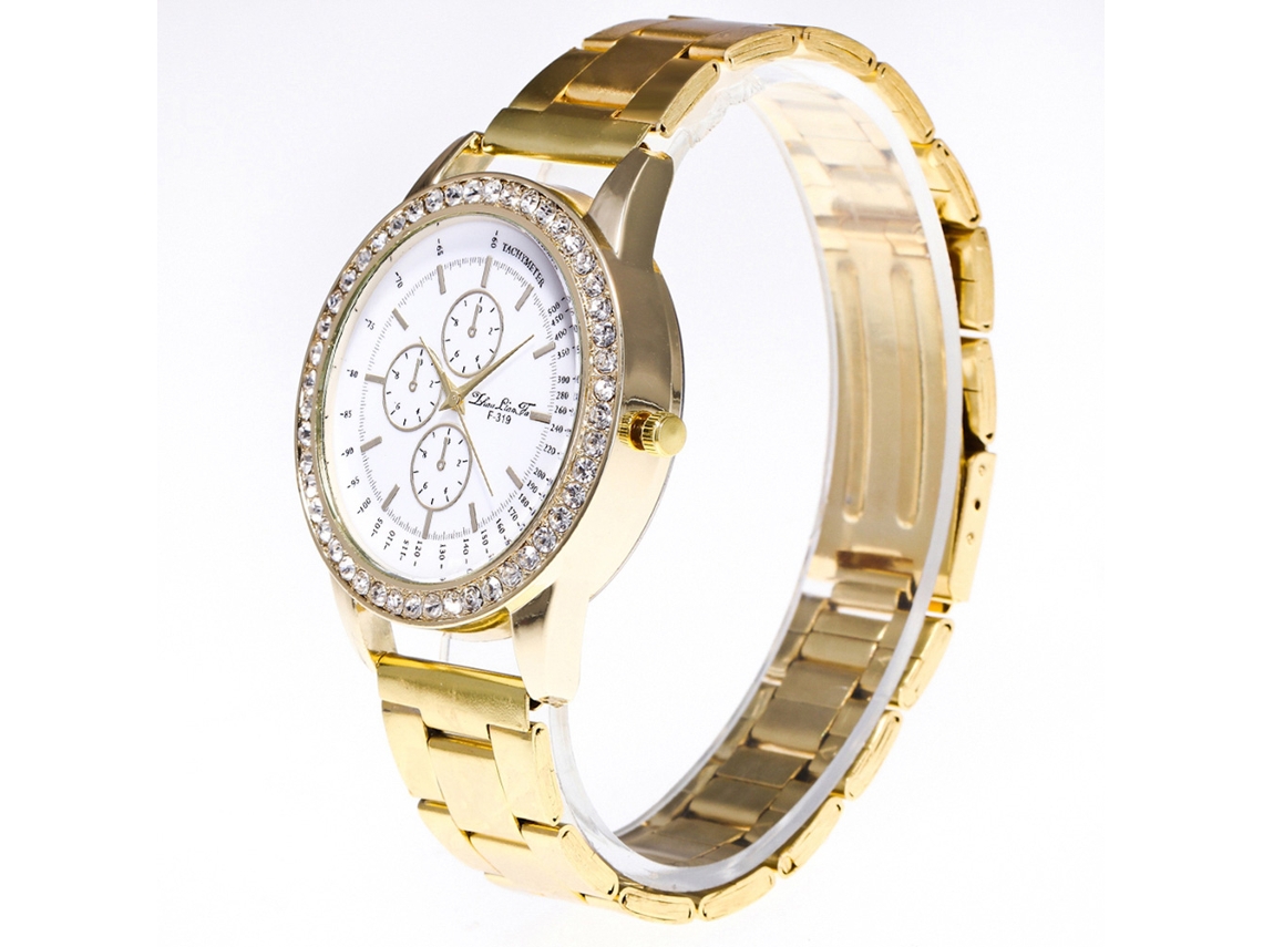 Relógio de pulso feminino de luxo Zhoulianfa com strass dourados, movimento de quartzo e pulseira de aço - Casual