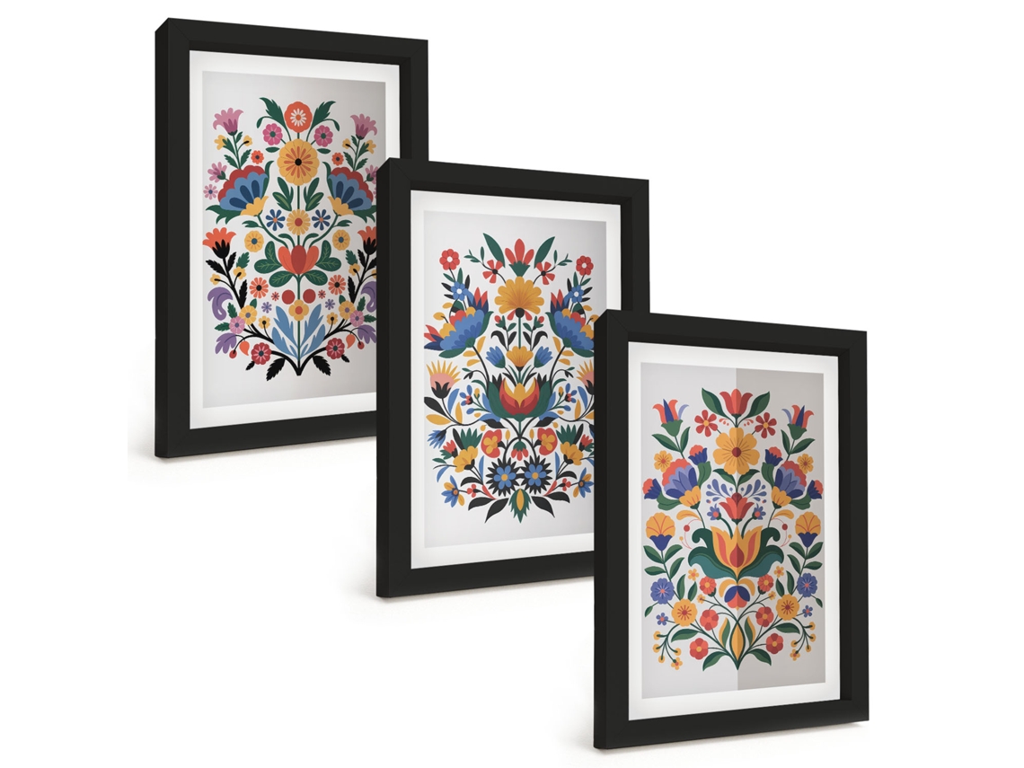 Pinturas Murais Modernaspadrões Florais Intensos Moldura Preta Fotos Para O Corredor Espelharte (3 Peças 20x30 Cm)