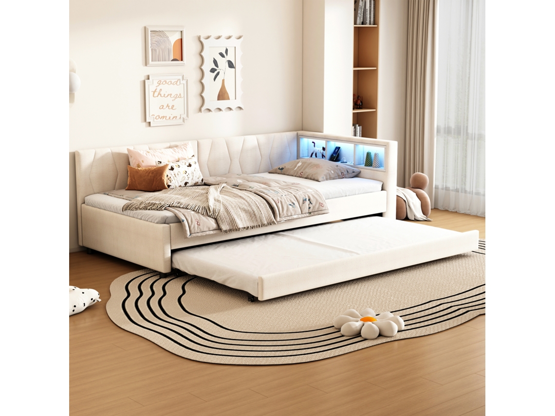 Sofá cama 90x200 Bege Led Usb c Extensível VOLTEDGE