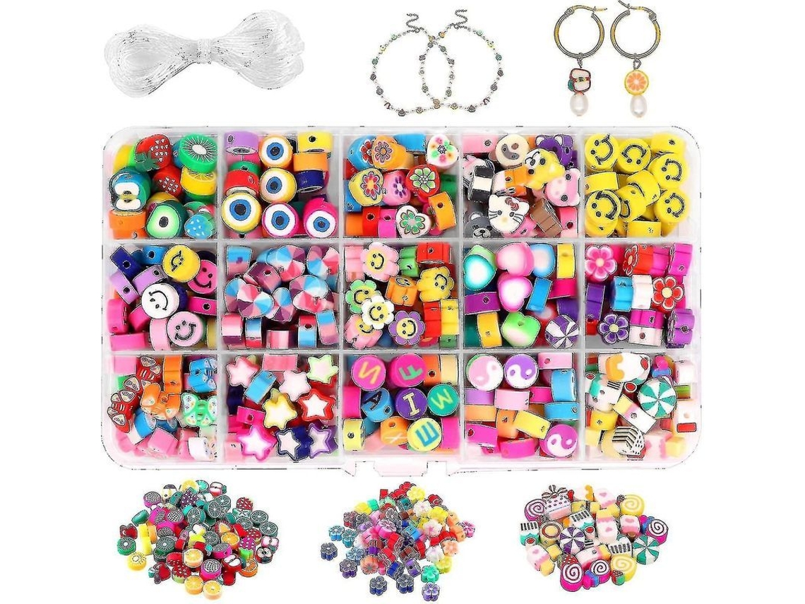 300 Pérolas De Massa Polimérica Artesanais Frutas Sorriso 15 Estilos Letras Flores Para Diy Bijuterias Com Cordão Elástico 4m
