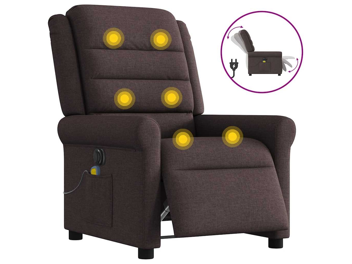 Vidaxl Poltrona Reclinável Massagens Elétrica Tecido Castanho-escuro