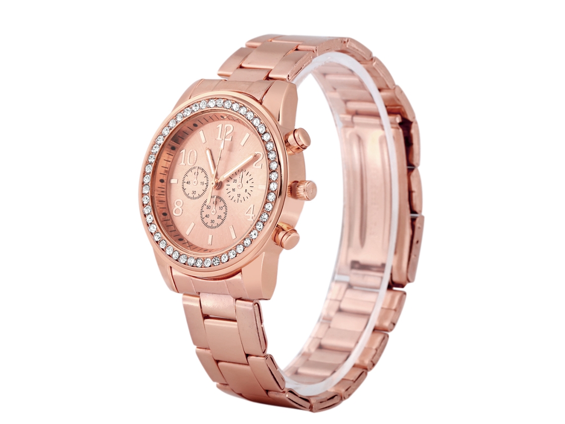 Relógio Feminino Analógico Eletrônico Strass Cinta de Liga Ouro Rosa Elegante