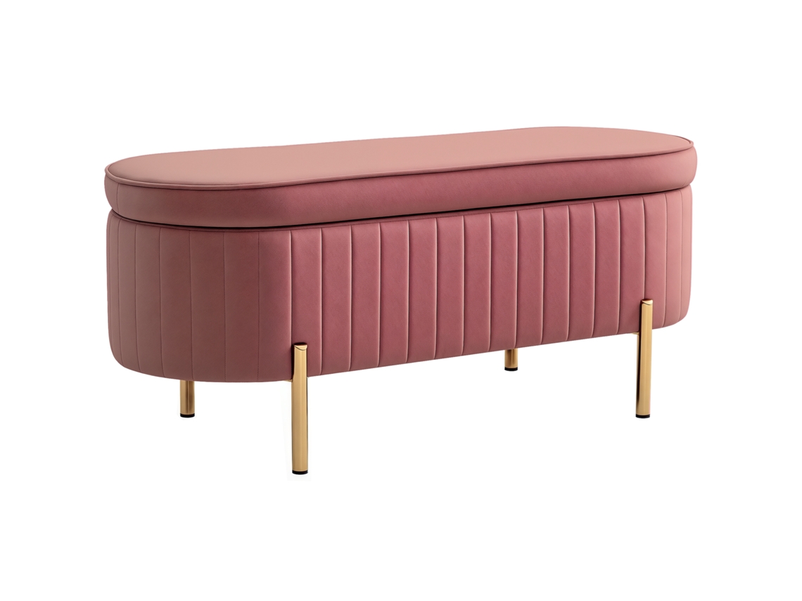 Banco Baú CHEZMOI em veludo com tampa, pés de metal, capacidade 72 litros, 108x44x43,5 cm, rosa