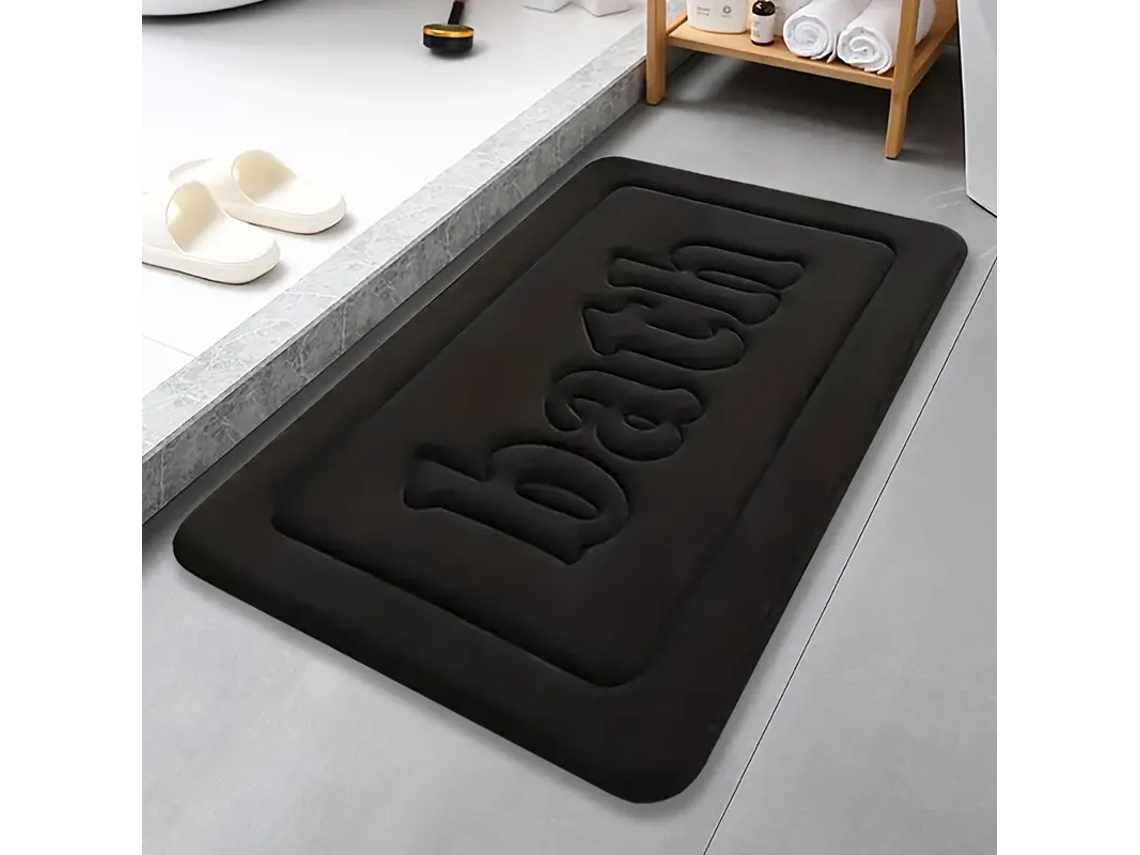 Tapete De Banheiro/entrada Decorativo Em Flanela, Antiderrapante E Absorvente, Com 1,2 Cm De Espessura, Na Cor Preta.