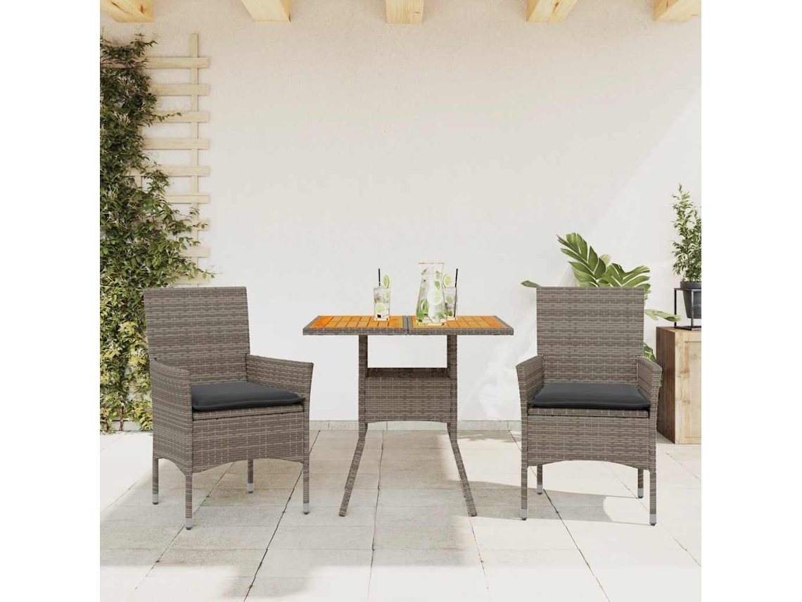 Vidaxl 3 Pcs Conjunto Jantar Jardim C/ Almofadões Vime Pe/acácia Cinza