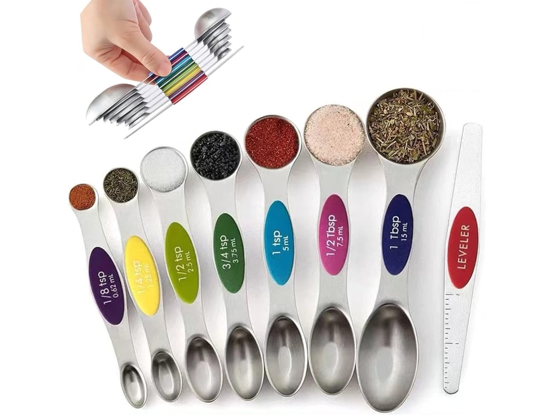 Conjunto de Colheres de Medição Magnéticas 7 Colheres de Medição e Copos 1 Nivelador de Aço Inoxidável Colher de Chá Empilhável de Dupla Face