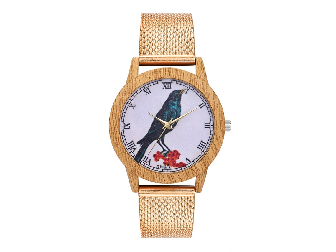 Relógio de Pulso Unisex Simples de Aço com Malha e Movimento de Quartzo Ouro Rosa