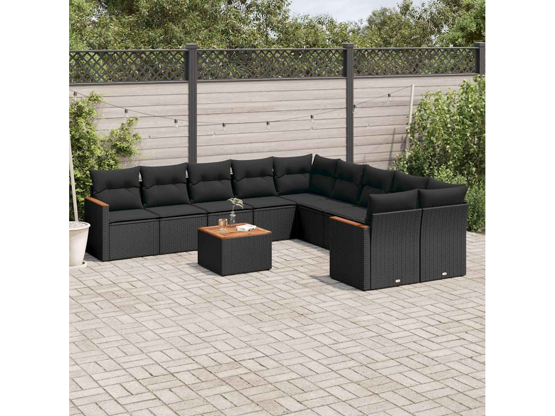 Vidaxl 11 Pcs Conjunto Sofás De Jardim C/ Almofadões Vime Pe Preto
