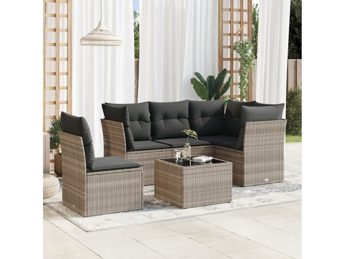 Vidaxl 6 Pcs Conj. Sofás Jardim Com Almofadões Vime Pe Cinzento-claro