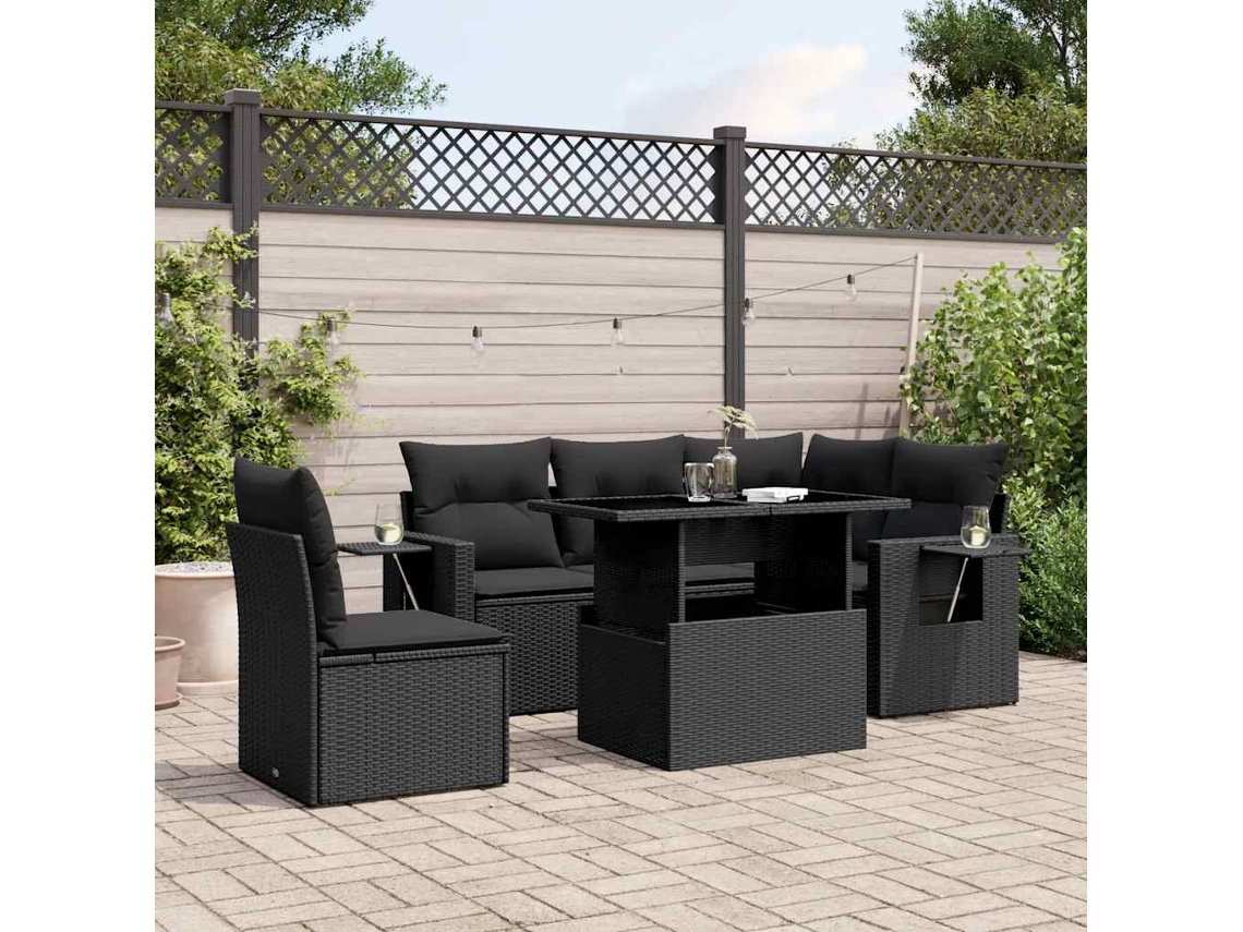 Vidaxl 6 Pcs Conjunto Sofás De Jardim C/ Almofadões Vime Pe Preto