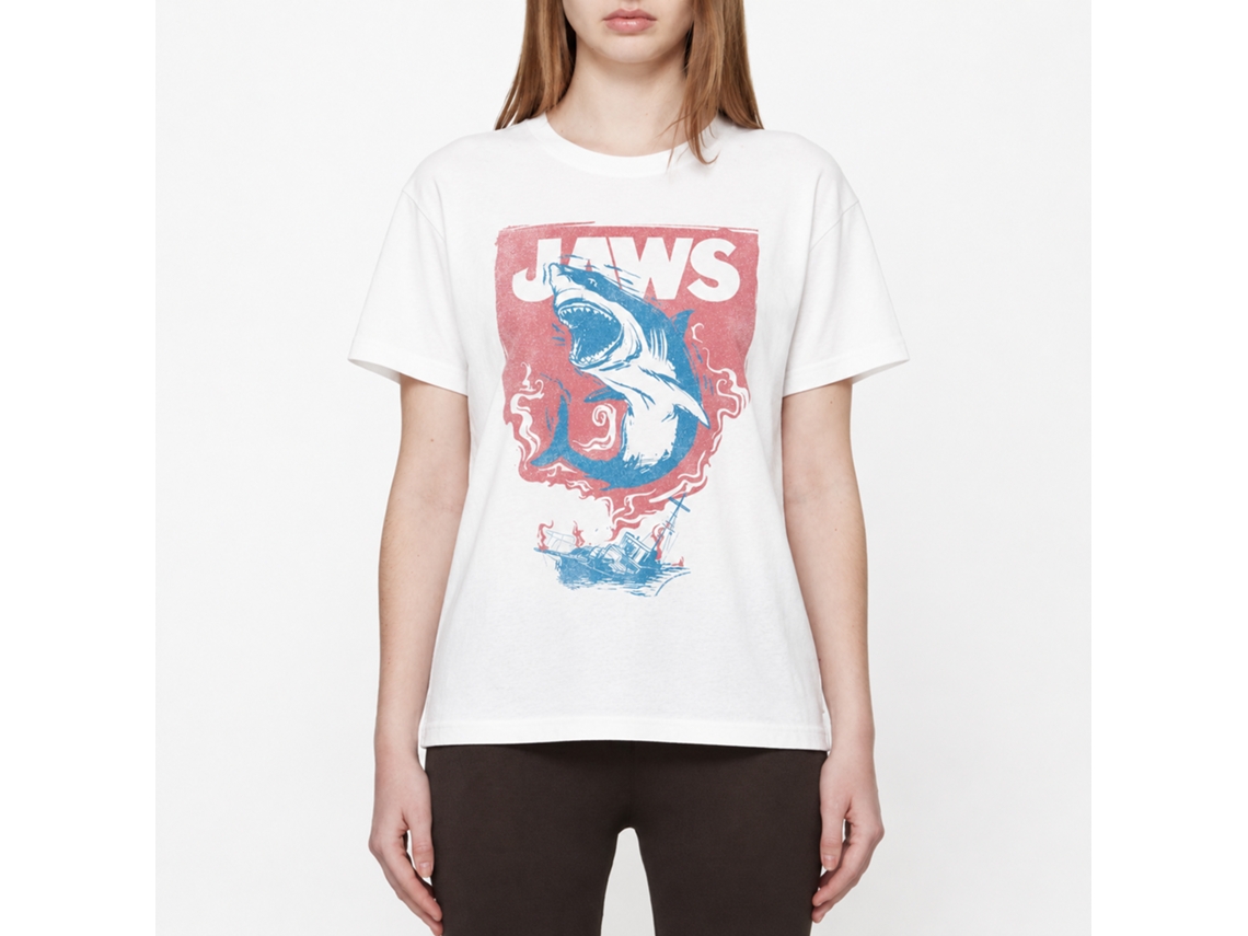 Rockinstone Jaws Movie Shark And Boat Fire White Adult T-shirt Size:l