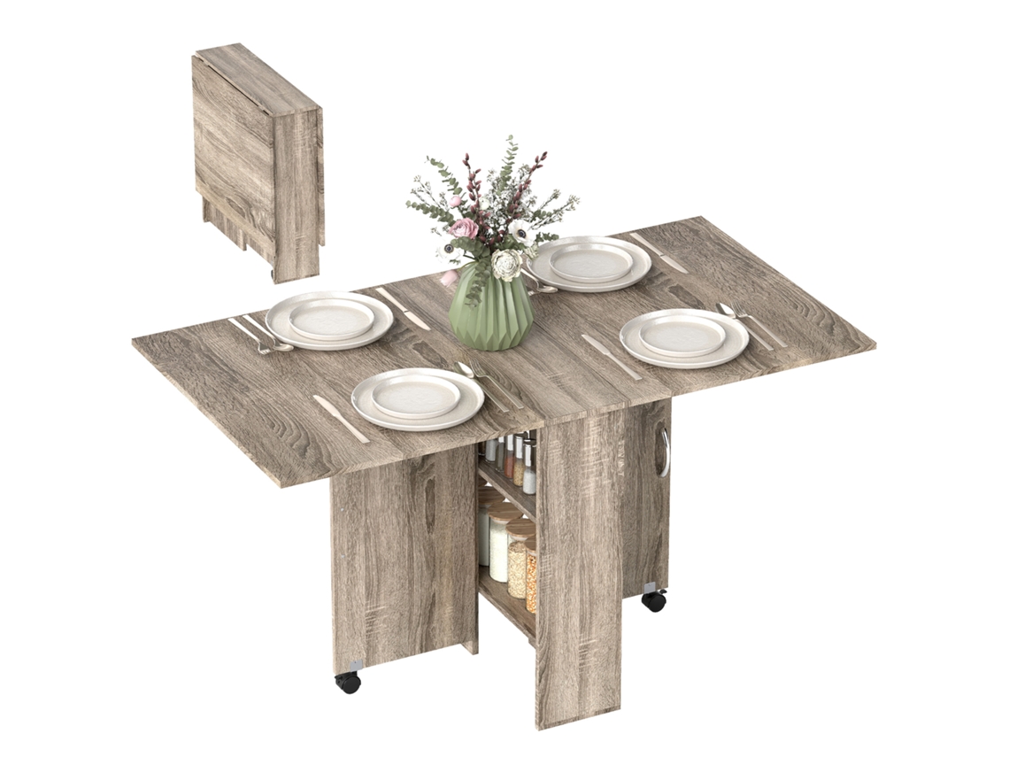 Jantar Dobrável Retrátil Cozinha Mesa 6 Pessoas 2 Abertas Prateleiras Rodas Freio Escritório Sala 140x75x74cm Cinza Fnc