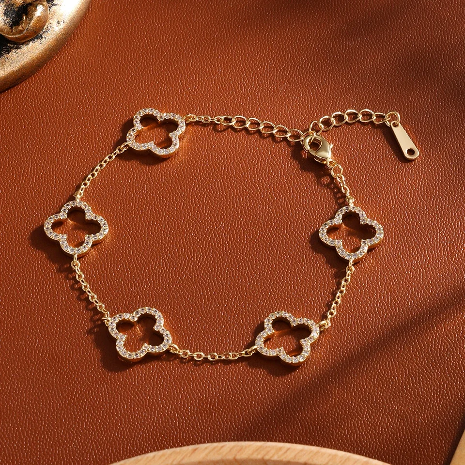 (dourado) Pulseira Feminina Transparente E Brilhante Com Zircônias Em Formato De Trevo De Quatro Folhas Vazado.