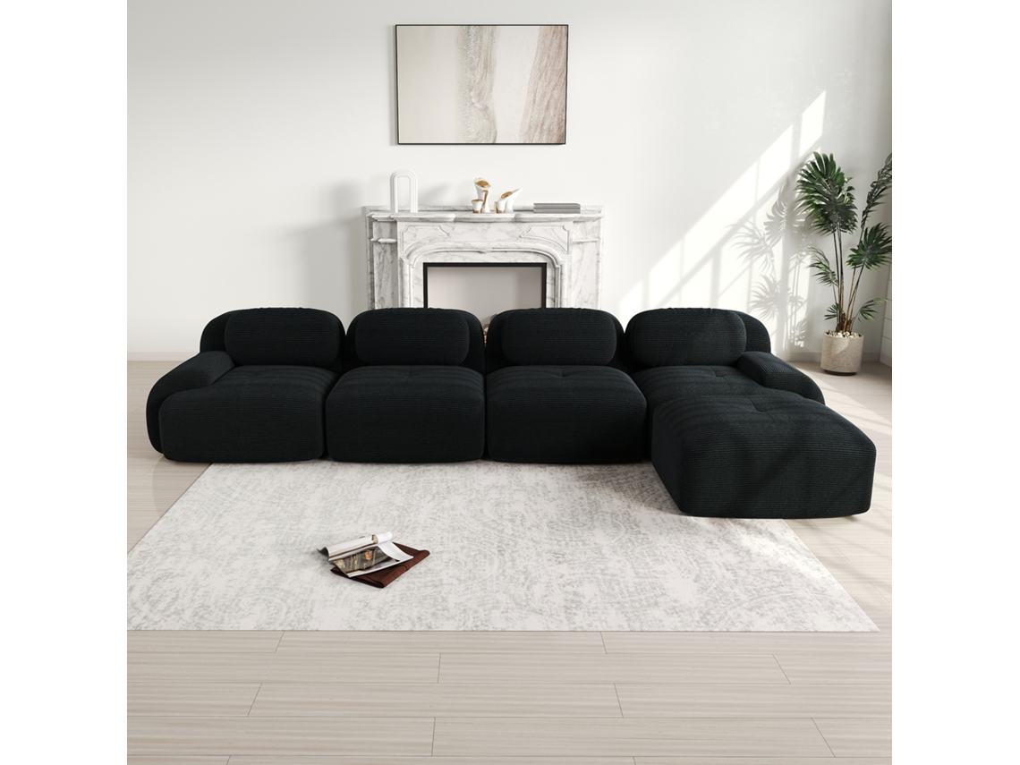 Sofá De Canto 4 Lugares, Espuma 32d, Antiderrapante, Chaise, Braços Largos, Combinável, Sem Montagem Preto Mobrio