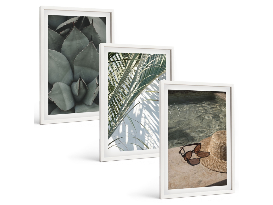 Pinturas Murais Modernas Férias Com Plantas Tropicais Moldura Branca Quadros Para O Escritório Espelharte (3 Piezas De 40x60 Cm)