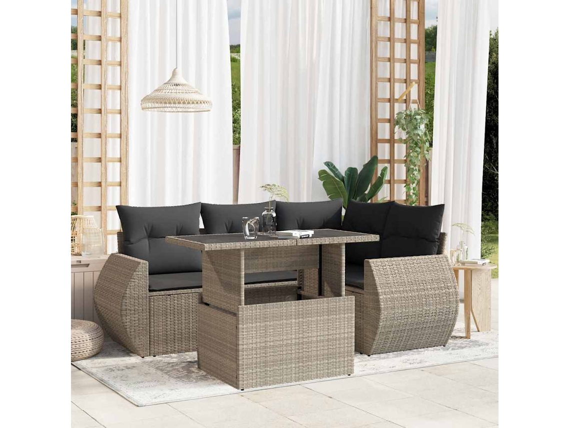 Vidaxl 5 Pcs Conj. Sofás Jardim C/ Almofadões Vime Pe Cinzento-claro