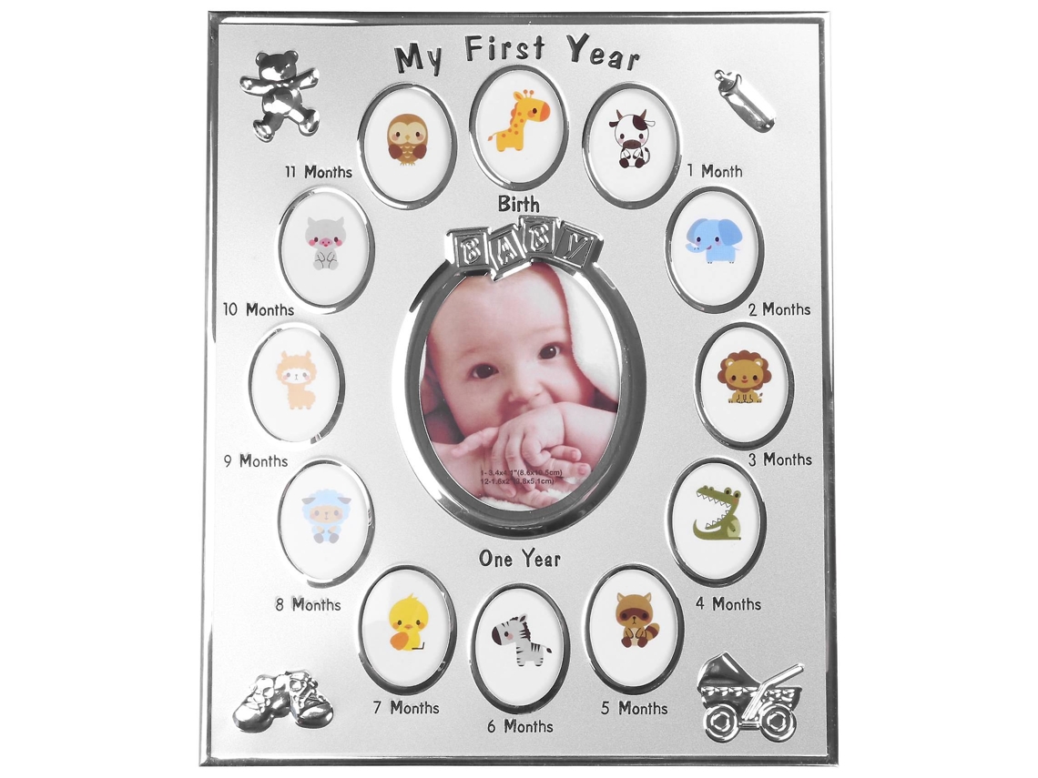 Omni quadro de Fotos para Bebês Primeiro Ano Presente de Aniversário para Menino Decoração de Casa 12 Meses Metal Prata Plata