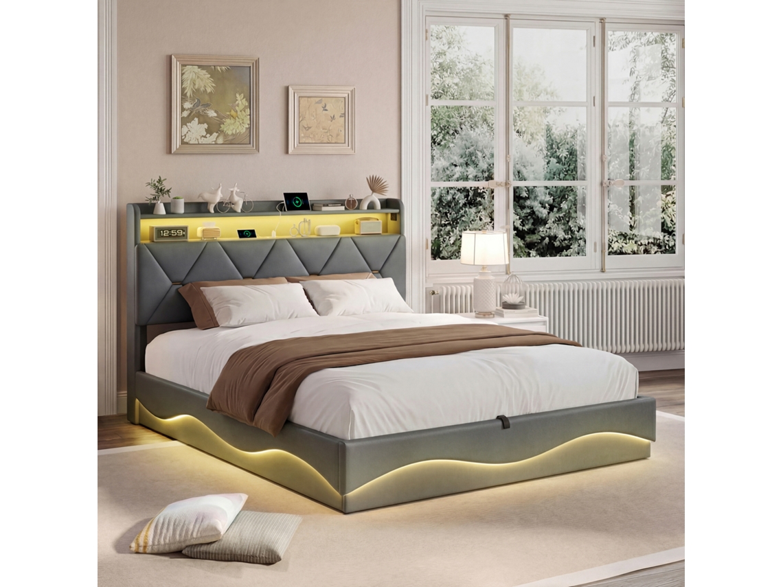 Cama de Casal Estofada 160x200 Cinza em Veludo, com Armazenamento, Led, Usb, Estrado e Cabeceira. para Adultos e Adolescentes, Sem Colchão BURSDANY