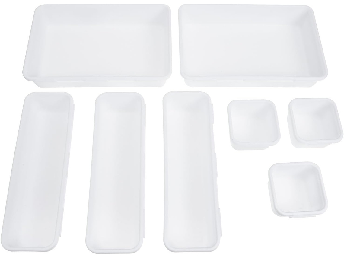 Organizador de Gavetas Amosfun Plástico Branco com 8 Peças, Caixa Armazenamento para Escritório e Cosméticos,